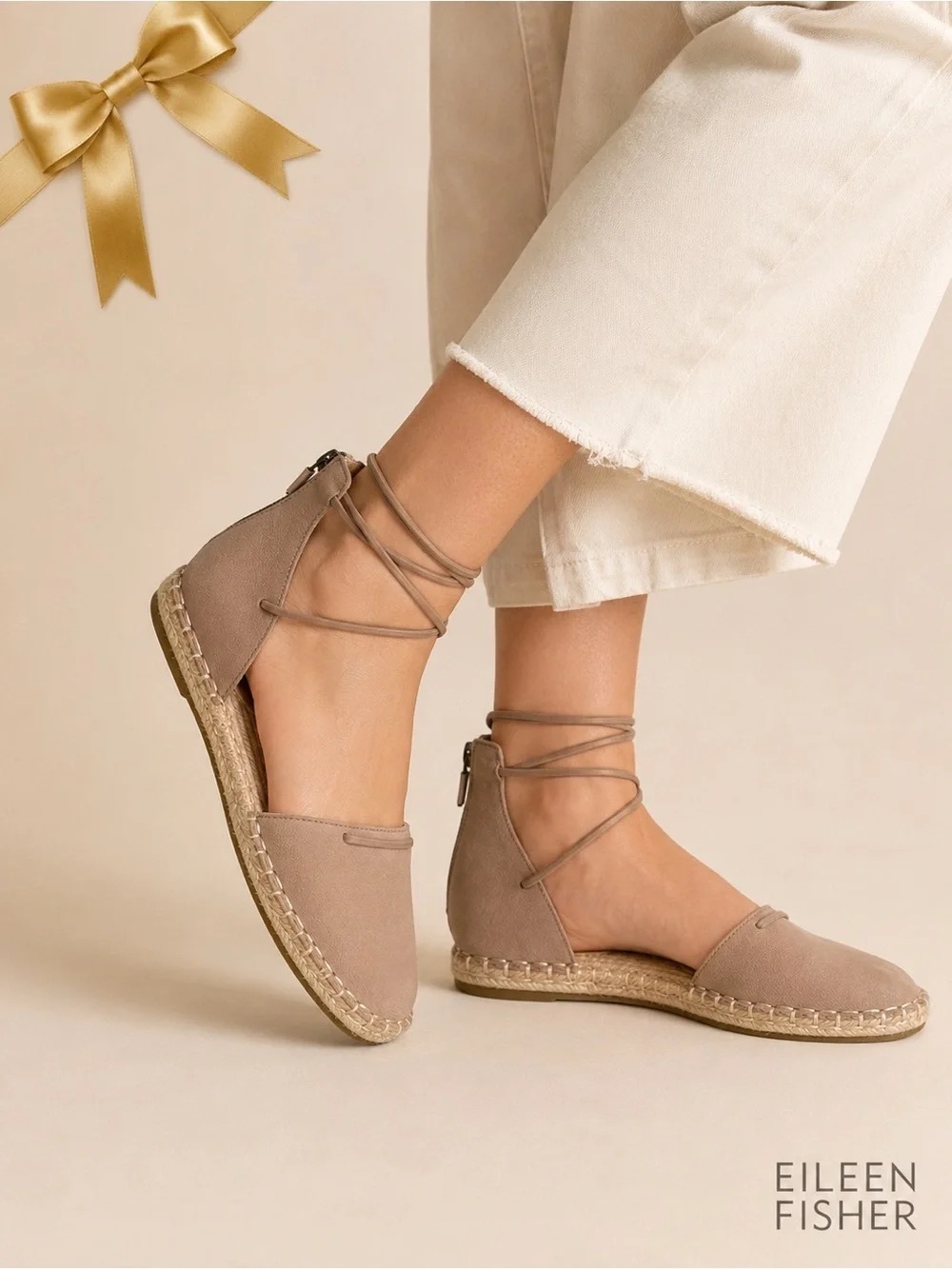 Eileen Fisher Taupe Lace-Up Espadrille Flats, Size 8